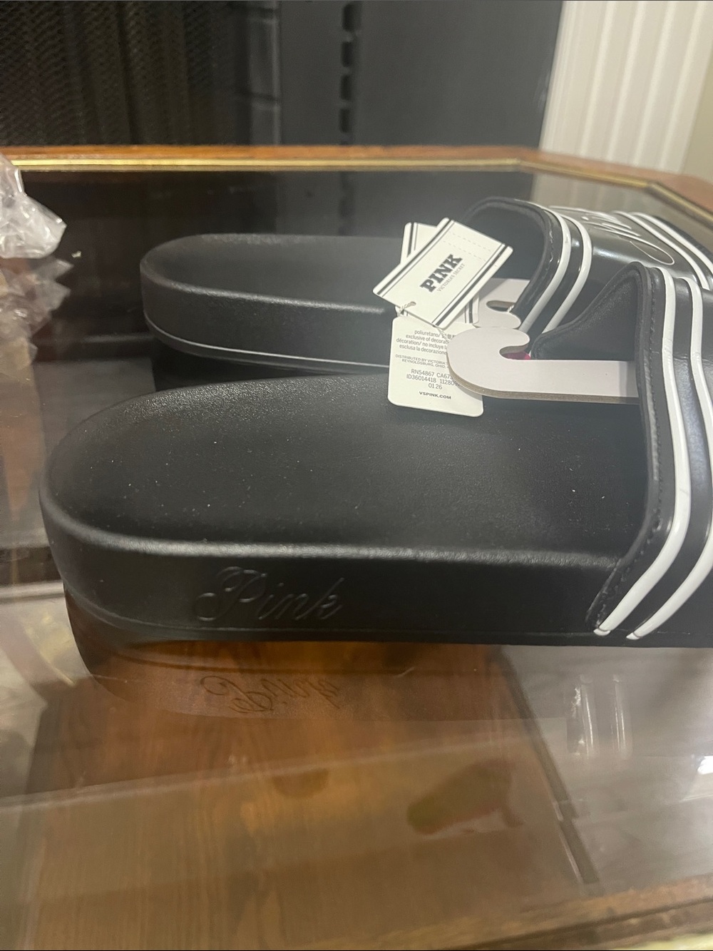 PINK Victoria's Secret Black Slide Sandals with White Script - Picture 3 of 7